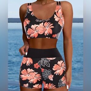 Yonique Women’s bathing suit Floral Black and Orange Two-Piece Set Size Medium